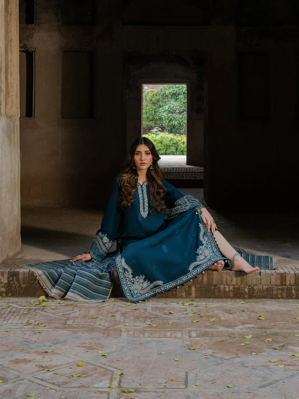 IZEL-3PC DHANAK EMBROIDERED SHIRT WITH COURTRAI PRINTED SHAWL & TROUSER-BIC-4364 B