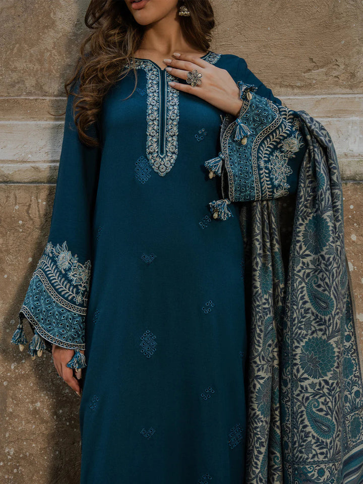 IZEL-3PC DHANAK EMBROIDERED SHIRT WITH COURTRAI PRINTED SHAWL & TROUSER-BIC-4364 B